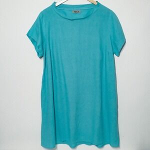 FLAX Linen Dress Turquoise Cottagecore Lagenlook Boho Beach Shift Tunic XL